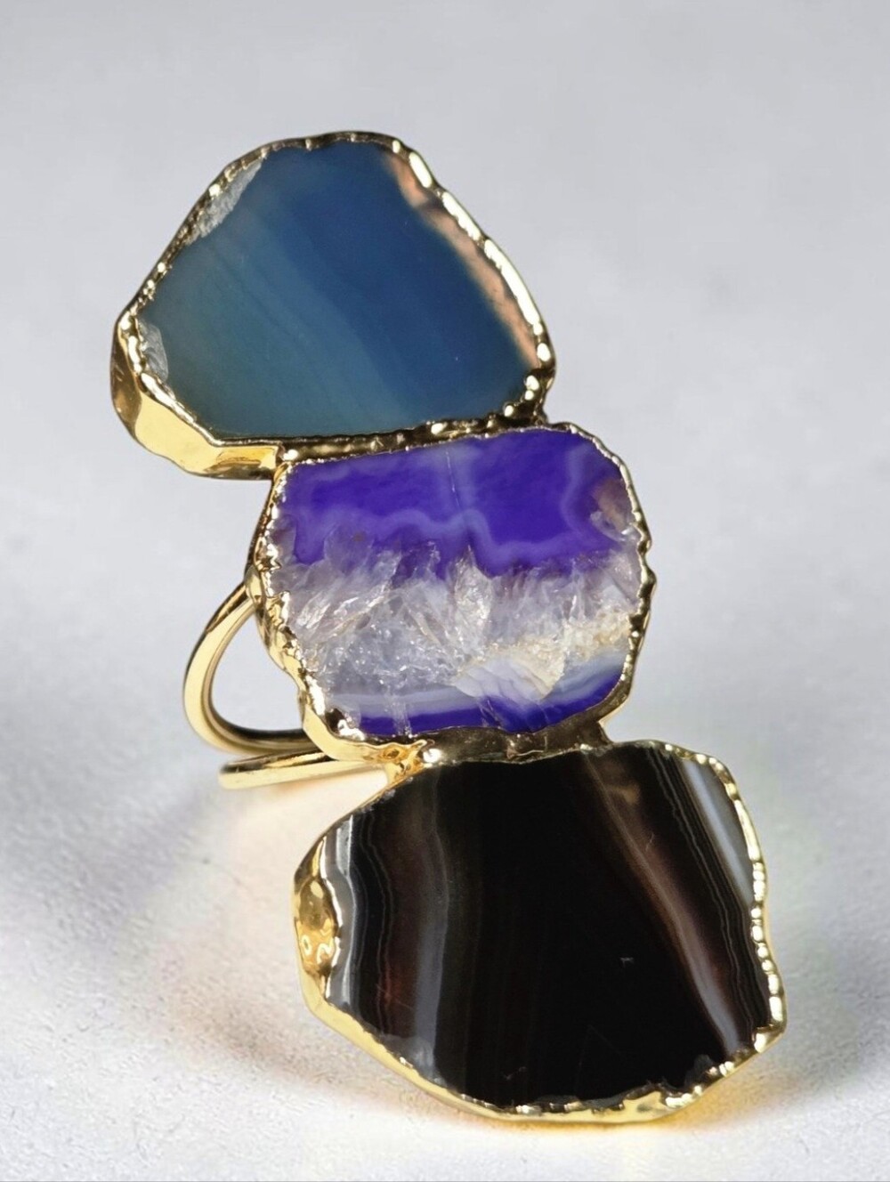 Huge 18k Gold Plated Artisan 3 Natural Agate Stone Climber Ring